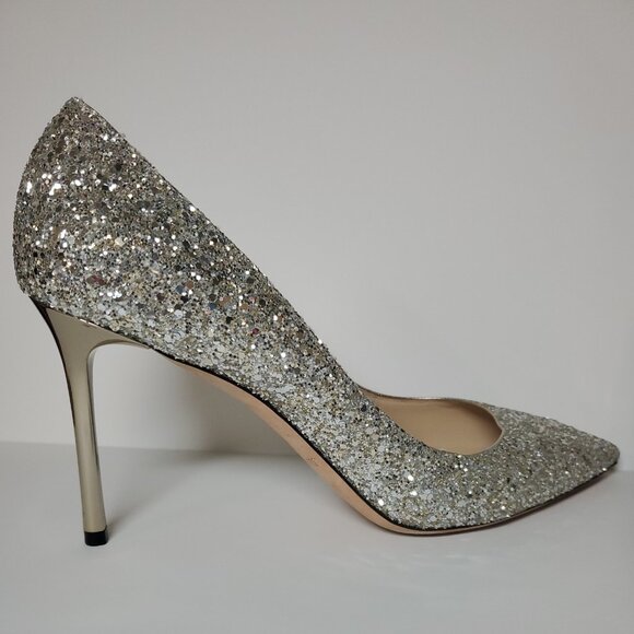 Jimmy Choo Shoes - Jimmy Choo Romy Stilletto 85/100mm Champagne Glitter Pointed-Toe Pump